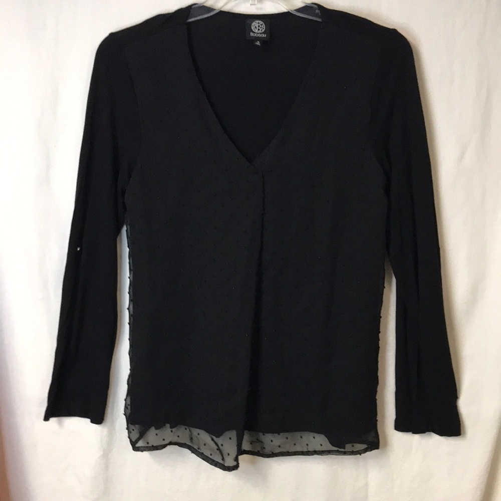 BOBEAU Women’s Tunic Top Black With Sheer Front Overlay Long Sleeves Size Small